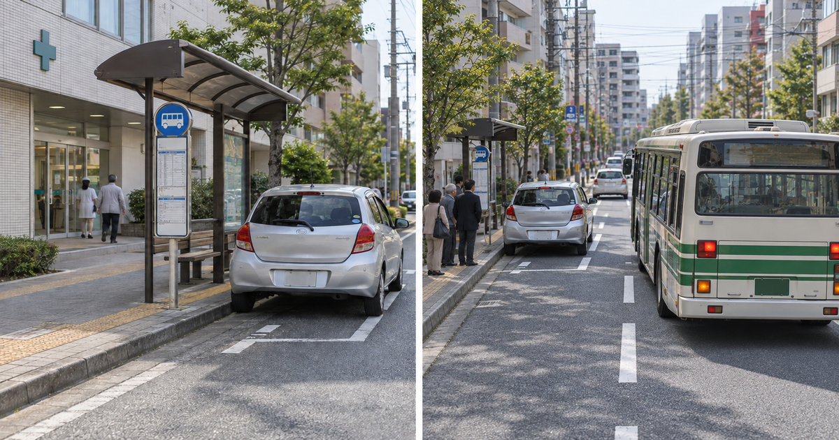 バス停を塞ぐ銀色の車